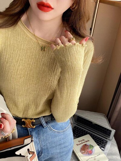 Ženski puloveri Džemperi Pleteni mekani džemperi Jesensko zimske majice s naborima O-izrez Rebrasti korejski tanki ženski pulover dugih rukava