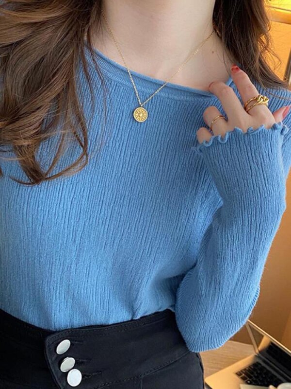 Ženski puloveri Džemperi Pleteni mekani džemperi Jesensko zimske majice s naborima O-izrez Rebrasti korejski tanki ženski pulover dugih rukava