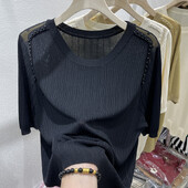 Suvine jääsiidist O-kaelusega lühikeste varrukatega T-särk naiste moe tikitud sähvatustega soliidne õhuke vabaaja mitmekülgne lahtine lihtne kootud topp