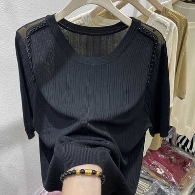 Suvine jääsiidist O-kaelusega lühikeste varrukatega T-särk naiste moe tikitud sähvatustega soliidne õhuke vabaaja mitmekülgne lahtine lihtne kootud topp