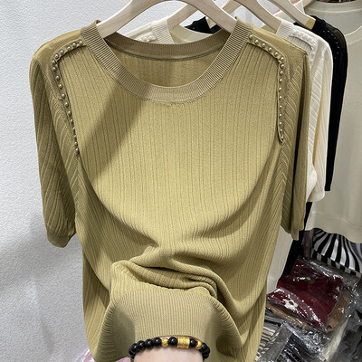 Suvine jääsiidist O-kaelusega lühikeste varrukatega T-särk naiste moe tikitud sähvatustega soliidne õhuke vabaaja mitmekülgne lahtine lihtne kootud topp