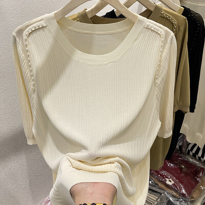 Suvine jääsiidist O-kaelusega lühikeste varrukatega T-särk naiste moe tikitud sähvatustega soliidne õhuke vabaaja mitmekülgne lahtine lihtne kootud topp