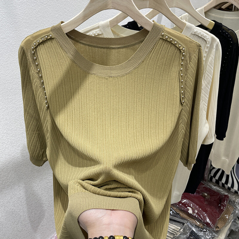 Suvine jääsiidist O-kaelusega lühikeste varrukatega T-särk naiste moe tikitud sähvatustega soliidne õhuke vabaaja mitmekülgne lahtine lihtne kootud topp