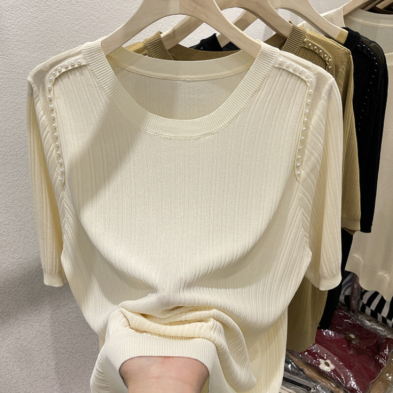 Suvine jääsiidist O-kaelusega lühikeste varrukatega T-särk naiste moe tikitud sähvatustega soliidne õhuke vabaaja mitmekülgne lahtine lihtne kootud topp