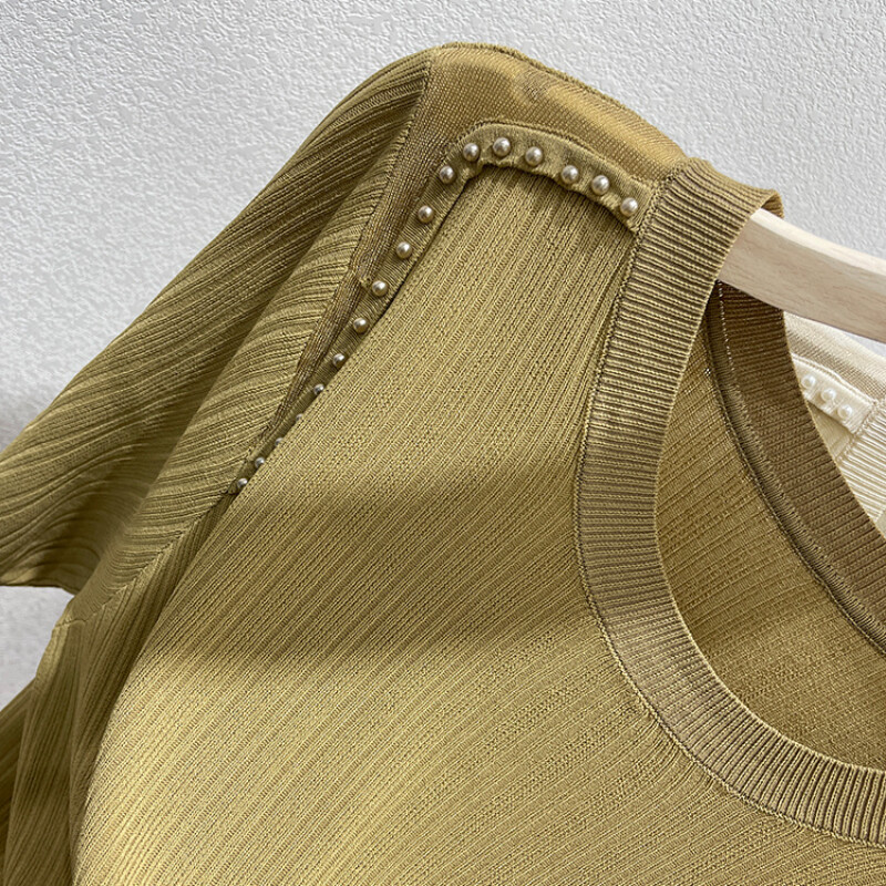 Suvine jääsiidist O-kaelusega lühikeste varrukatega T-särk naiste moe tikitud sähvatustega soliidne õhuke vabaaja mitmekülgne lahtine lihtne kootud topp