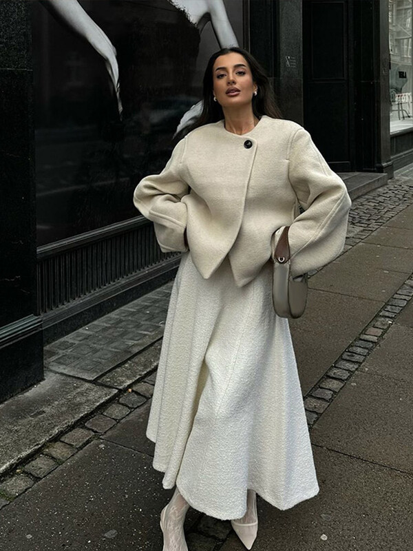 Ikdienas sieviešu īsie mēteļi ar vienu pogu Eleganti vienkrāsaini O veida kakla jakas ar garām piedurknēm Sieviešu Rudens, silti, brīvi ārdrēbju topi