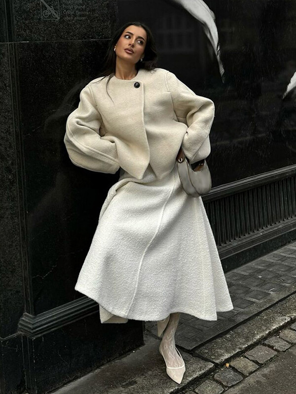 Ikdienas sieviešu īsie mēteļi ar vienu pogu Eleganti vienkrāsaini O veida kakla jakas ar garām piedurknēm Sieviešu Rudens, silti, brīvi ārdrēbju topi