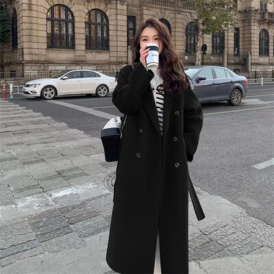 Vilnas mētelis 2024. gada pavasarī un rudenī jauns stils, moderns elegance korejiešu izdevums, brīvs vidēja garuma siksniņa sieviešu vilnas mētelis