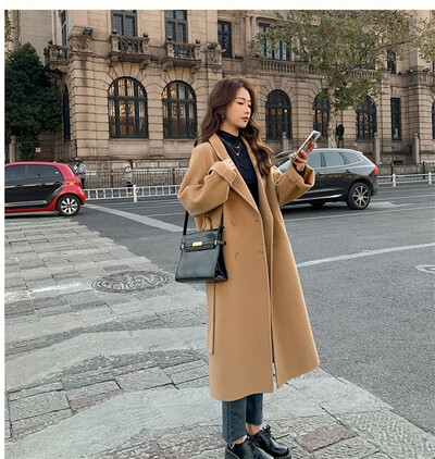 Vilnas mētelis 2024. gada pavasarī un rudenī jauns stils, moderns elegance korejiešu izdevums, brīvs vidēja garuma siksniņa sieviešu vilnas mētelis