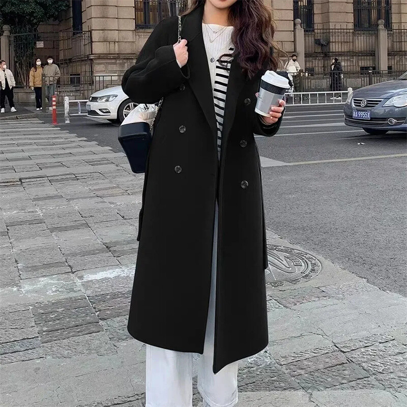 Vilnas mētelis 2024. gada pavasarī un rudenī jauns stils, moderns elegance korejiešu izdevums, brīvs vidēja garuma siksniņa sieviešu vilnas mētelis