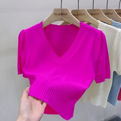 Pulover din tricot cu mânecă scurtă, cu claviculă expusă, cu decolteu în V, pentru femei, cu design de nișă, Top Sense, scurt, primăvară 2024, cămașă nouă pentru femei