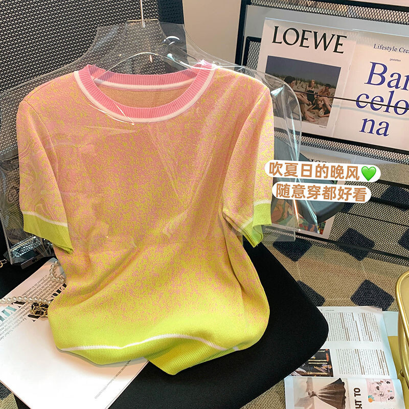 Naiste suvine korea versioon värviline gradient ümmargune kaelus lahtiste lühikeste varrukatega T-särk naiste jääsiidist kootud kampsun värvi blokeerimine
