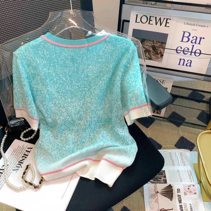 Naiste suvine korea versioon värviline gradient ümmargune kaelus lahtiste lühikeste varrukatega T-särk naiste jääsiidist kootud kampsun värvi blokeerimine