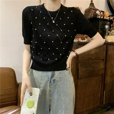 2023. aasta suvi, uus ainulaadne puhvis varrukatega disain Sense Niche, teemantidega ruuduline paakitops, kosmosemustriga lühikeste varrukatega naiste kootud topp