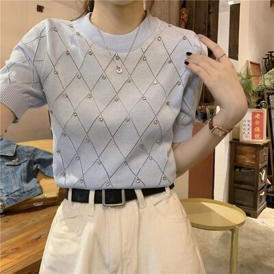 2023. aasta suvi, uus ainulaadne puhvis varrukatega disain Sense Niche, teemantidega ruuduline paakitops, kosmosemustriga lühikeste varrukatega naiste kootud topp