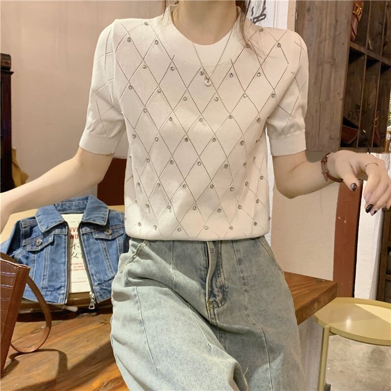 2023. aasta suvi, uus ainulaadne puhvis varrukatega disain Sense Niche, teemantidega ruuduline paakitops, kosmosemustriga lühikeste varrukatega naiste kootud topp