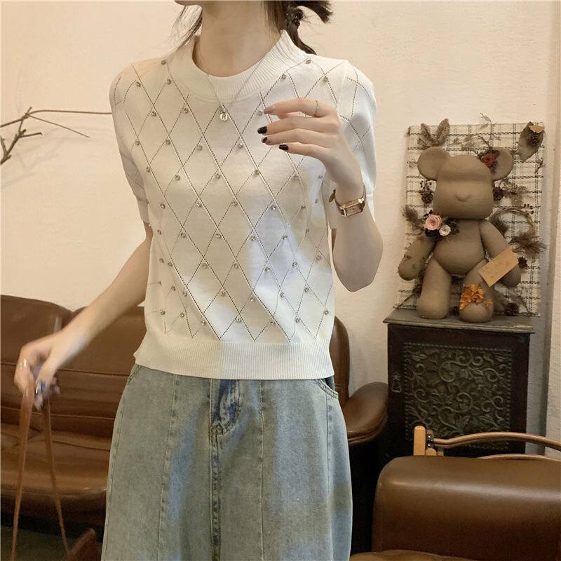 2023. aasta suvi, uus ainulaadne puhvis varrukatega disain Sense Niche, teemantidega ruuduline paakitops, kosmosemustriga lühikeste varrukatega naiste kootud topp