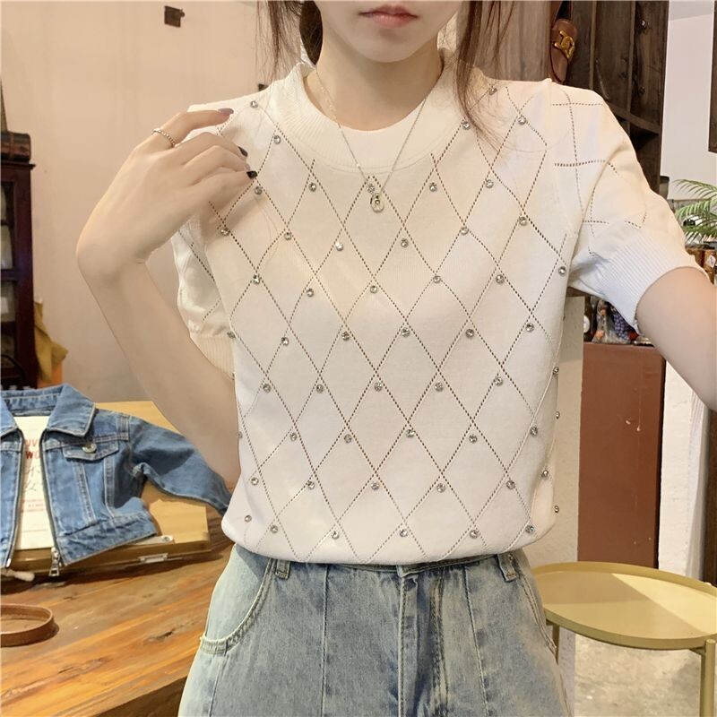 2023. aasta suvi, uus ainulaadne puhvis varrukatega disain Sense Niche, teemantidega ruuduline paakitops, kosmosemustriga lühikeste varrukatega naiste kootud topp