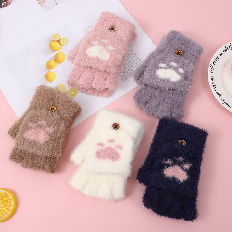 Paksemad Naiste soojad kassikindad Moodsad Tüdrukud Kassiküünis Käpp Pehmed Pehmed Lühikesed Sõrmedeta Poolsõrmelised Talvekindad