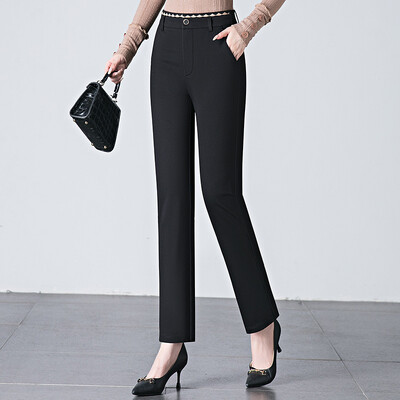 Sieviešu ikdienas bikses no neilona kokvilnas auduma, elastīgas vidukļa bikses ar taisnām kājām, var izvēlēties melnu un haki krāsu.