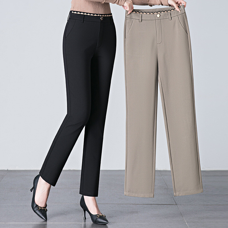 Sieviešu ikdienas bikses no neilona kokvilnas auduma, elastīgas vidukļa bikses ar taisnām kājām, var izvēlēties melnu un haki krāsu.