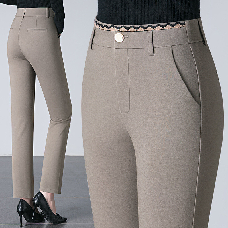 Sieviešu ikdienas bikses no neilona kokvilnas auduma, elastīgas vidukļa bikses ar taisnām kājām, var izvēlēties melnu un haki krāsu.