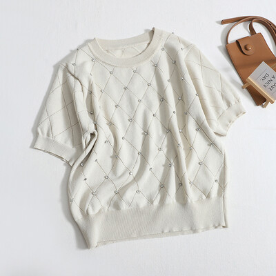 Naiste suvine O-kaelusega Dingzhu kootud pullover, soliidne õõnes mitmekülgne T-särk õhuke kulunud väliskujundus, mull lühikeste varrukatega topid