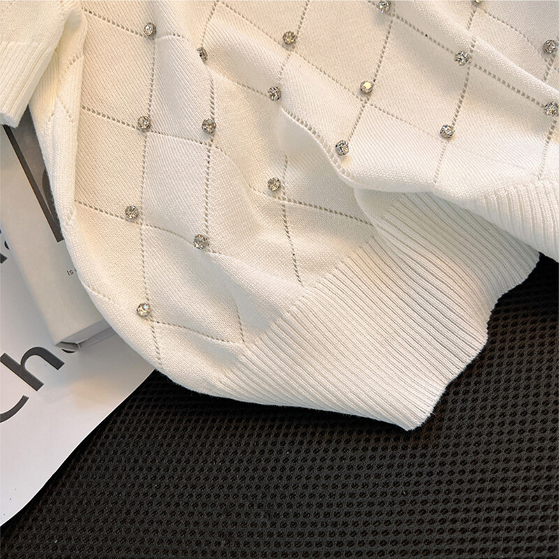 Naiste suvine O-kaelusega Dingzhu kootud pullover, soliidne õõnes mitmekülgne T-särk õhuke kulunud väliskujundus, mull lühikeste varrukatega topid