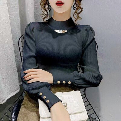 Елегантни едноцветни пуловери с копчета с издути ръкави Дамско облекло 2023 Есен Зима Свободни универсални пуловери Сладки горнища