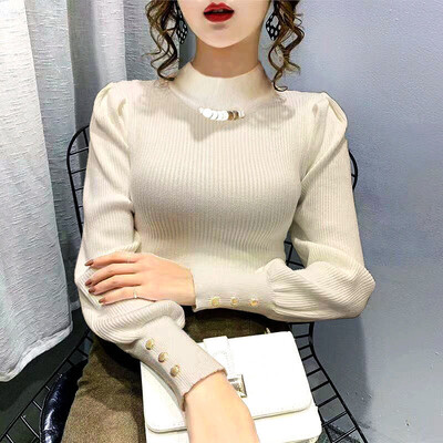 Елегантни едноцветни пуловери с копчета с издути ръкави Дамско облекло 2023 Есен Зима Свободни универсални пуловери Сладки горнища