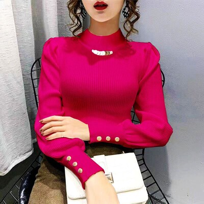 Елегантни едноцветни пуловери с копчета с издути ръкави Дамско облекло 2023 Есен Зима Свободни универсални пуловери Сладки горнища