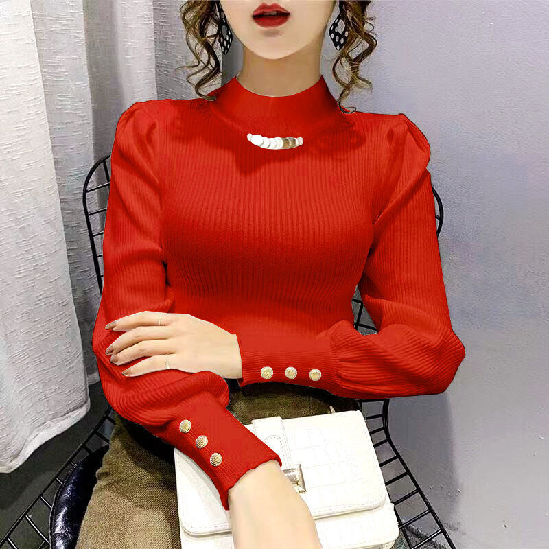 Елегантни едноцветни пуловери с копчета с издути ръкави Дамско облекло 2023 Есен Зима Свободни универсални пуловери Сладки горнища