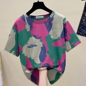 Tie Dye Printing Винтидж пуловер с О-образно деколте Тениска с къс ръкав Дамска блуза Риза Корейска мода Дамско облекло Топове 2024