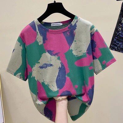 Tricou cu mânecă scurtă cu imprimeu cu vopsea cravată, vintage, cu gâtul O, bluză pentru femei, cămașă, moda coreeană, îmbrăcăminte pentru femei, Topuri 2024