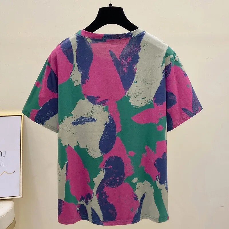 Tie Dye Printing Винтидж пуловер с О-образно деколте Тениска с къс ръкав Дамска блуза Риза Корейска мода Дамско облекло Топове 2024