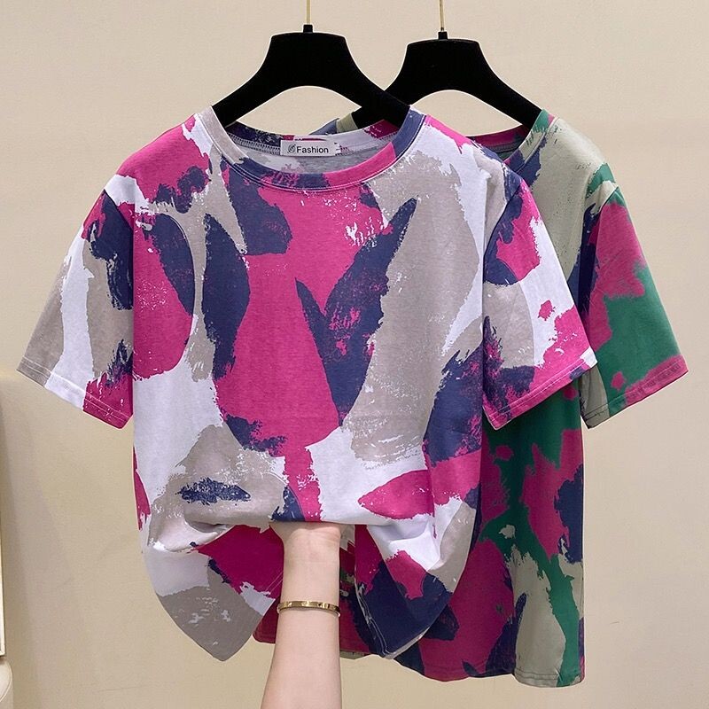 Tie Dye Printing Винтидж пуловер с О-образно деколте Тениска с къс ръкав Дамска блуза Риза Корейска мода Дамско облекло Топове 2024