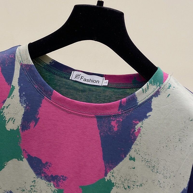 Tie Dye Printing Винтидж пуловер с О-образно деколте Тениска с къс ръкав Дамска блуза Риза Корейска мода Дамско облекло Топове 2024