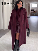 TRAFZA sieviešu eleganta bordo atloka maisījuma Maxi mētelis modes ziemas divrindu jaka ar jostu Sieviešu elegants trenčs