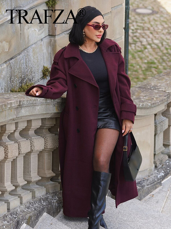TRAFZA sieviešu eleganta bordo atloka maisījuma Maxi mētelis modes ziemas divrindu jaka ar jostu Sieviešu elegants trenčs