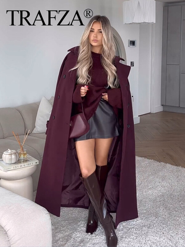 TRAFZA sieviešu eleganta bordo atloka maisījuma Maxi mētelis modes ziemas divrindu jaka ar jostu Sieviešu elegants trenčs