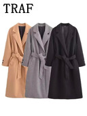 TRAF sievietes ar jostu ziemas garais mētelis sieviešu jaka 2024. gada rudens vilnas mētelis sievietēm ar garām piedurknēm. Šiks modes jauns virsdrēbes