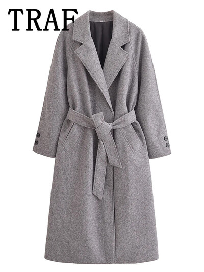 TRAF sievietes ar jostu ziemas garais mētelis sieviešu jaka 2024. gada rudens vilnas mētelis sievietēm ar garām piedurknēm. Šiks modes jauns virsdrēbes