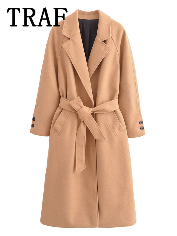 TRAF sievietes ar jostu ziemas garais mētelis sieviešu jaka 2024. gada rudens vilnas mētelis sievietēm ar garām piedurknēm. Šiks modes jauns virsdrēbes