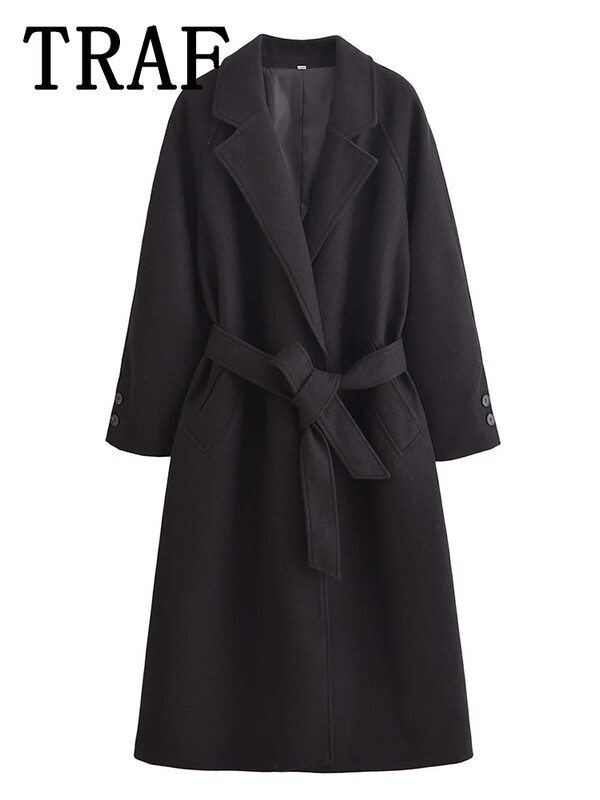 TRAF sievietes ar jostu ziemas garais mētelis sieviešu jaka 2024. gada rudens vilnas mētelis sievietēm ar garām piedurknēm. Šiks modes jauns virsdrēbes