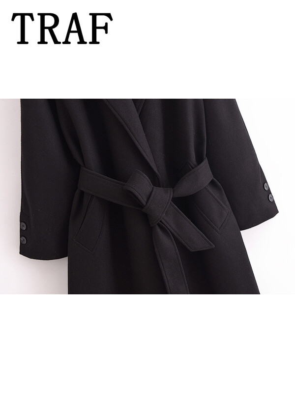 TRAF sievietes ar jostu ziemas garais mētelis sieviešu jaka 2024. gada rudens vilnas mētelis sievietēm ar garām piedurknēm. Šiks modes jauns virsdrēbes
