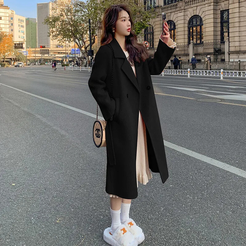 Melns Divpusējs vilnas mētelis sievietēm, 2024. gada rudens ziema, jauna korejiešu versija, brīvi šņorējami vilnas mēteļi, sieviešu tievs, garš mētelis