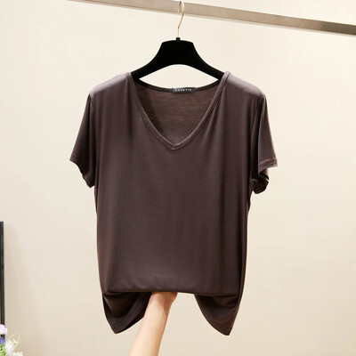 Modāls Tkrekls ar V veida kakla izgriezumu sievietēm Vasaras plāni T-krekli Liela izmēra brīvi t-krekli Streetwear Basic Top Clothing