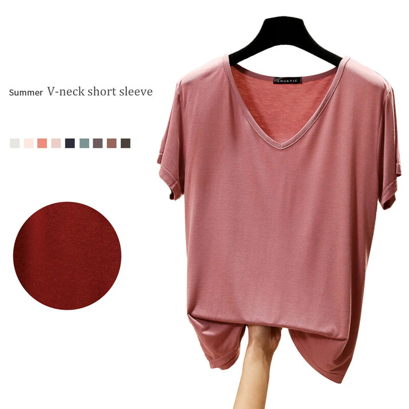 Modāls Tkrekls ar V veida kakla izgriezumu sievietēm Vasaras plāni T-krekli Liela izmēra brīvi t-krekli Streetwear Basic Top Clothing
