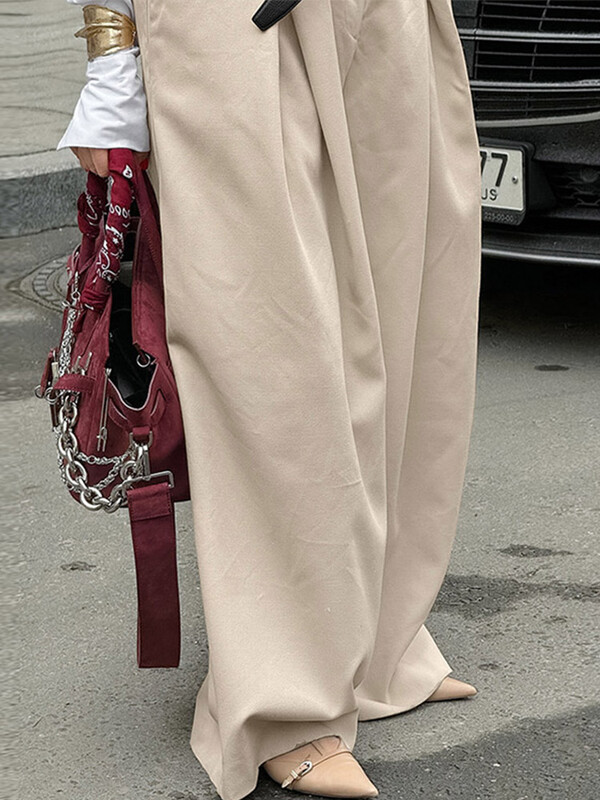 Ikdienišķas haki krāsas kroku platas bikses Sieviešu elegantas bikses ar augstu vidukli, biezas bikses sievietēm 2025. gada pavasaris, vasara, jaunas modes biroja bikses