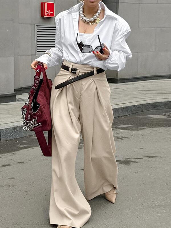 Ikdienišķas haki krāsas kroku platas bikses Sieviešu elegantas bikses ar augstu vidukli, biezas bikses sievietēm 2025. gada pavasaris, vasara, jaunas modes biroja bikses